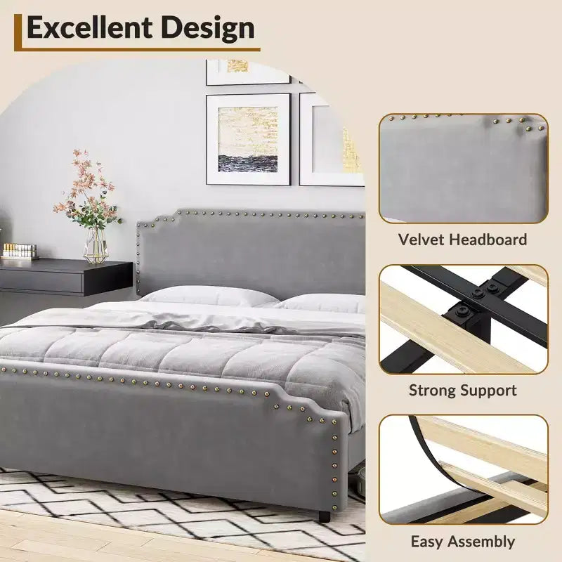 Struttura letto king-size con testiera trapuntata, doghe in legno robuste, nessun materasso a molle richiesto