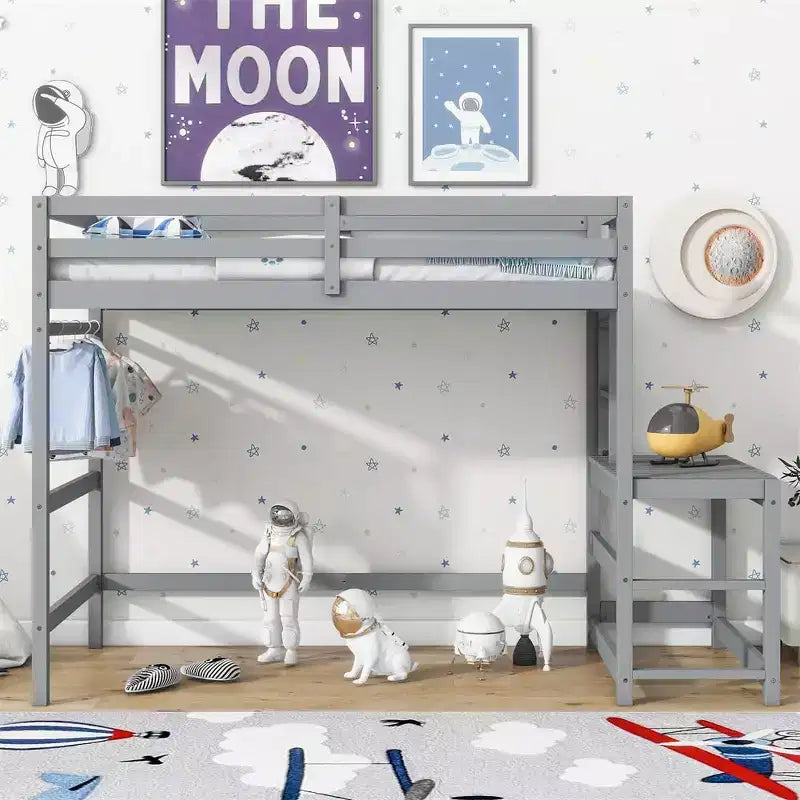 Twin Loft Bed with Stairs, Space-Saving Kids Bed Frame, Ladder Platform, Guardrail, No Box Spring Needed