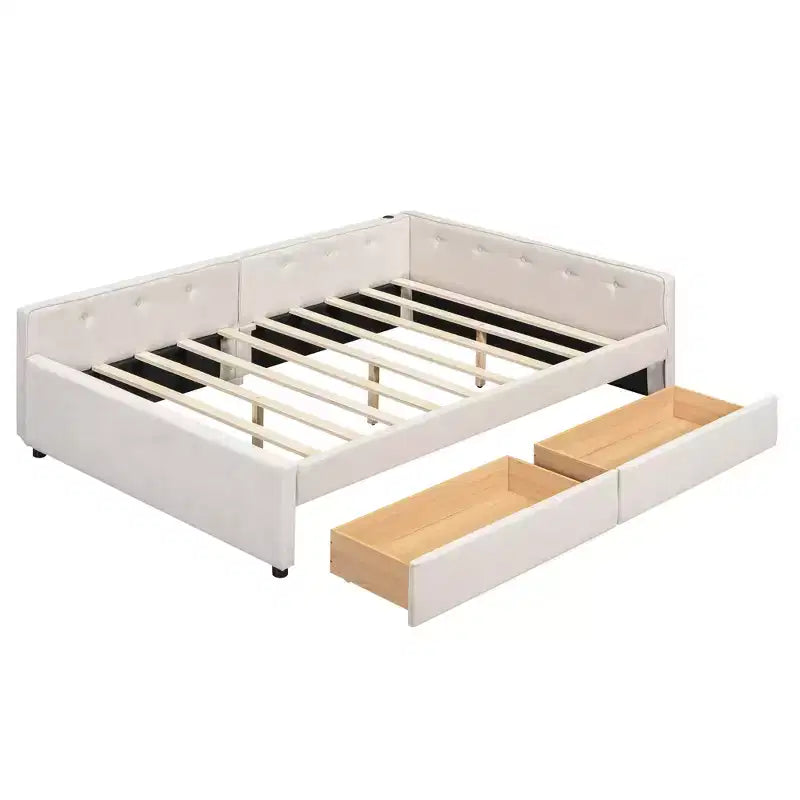 Divano letto imbottito con cassetti portaoggetti, telaio letto a divano angolare a L con ricarica USB per adolescenti e adulti, beige