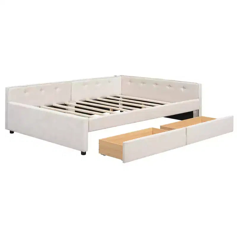 Divano letto imbottito con cassetti portaoggetti, telaio letto a divano angolare a L con ricarica USB per adolescenti e adulti, beige