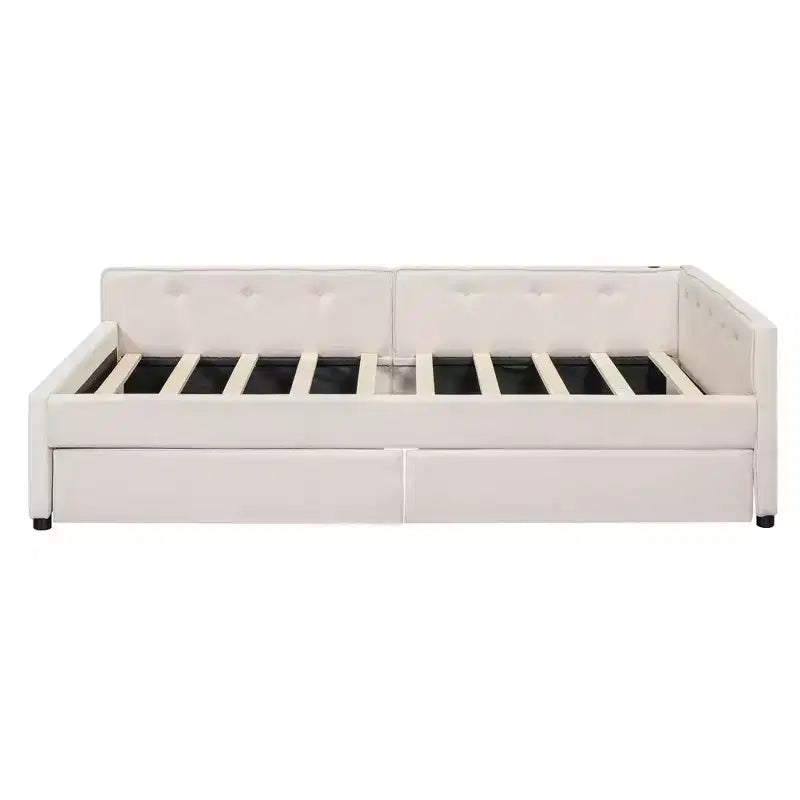 Divano letto imbottito con cassetti portaoggetti, telaio letto a divano angolare a L con ricarica USB per adolescenti e adulti, beige