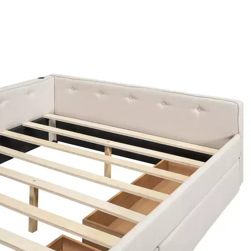 Divano letto imbottito con cassetti portaoggetti, telaio letto a divano angolare a L con ricarica USB per adolescenti e adulti, beige