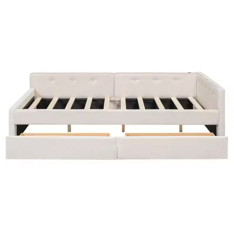 Divano letto imbottito con cassetti portaoggetti, telaio letto a divano angolare a L con ricarica USB per adolescenti e adulti, beige