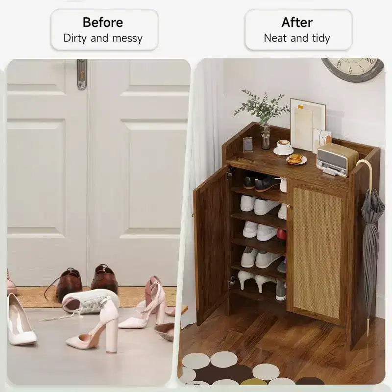 Mobile scarpiera alta 108 cm in rattan con ante, scarpiera organizer a 6 ripiani con ripiani regolabili, indipendente per ingresso, corridoio, noce