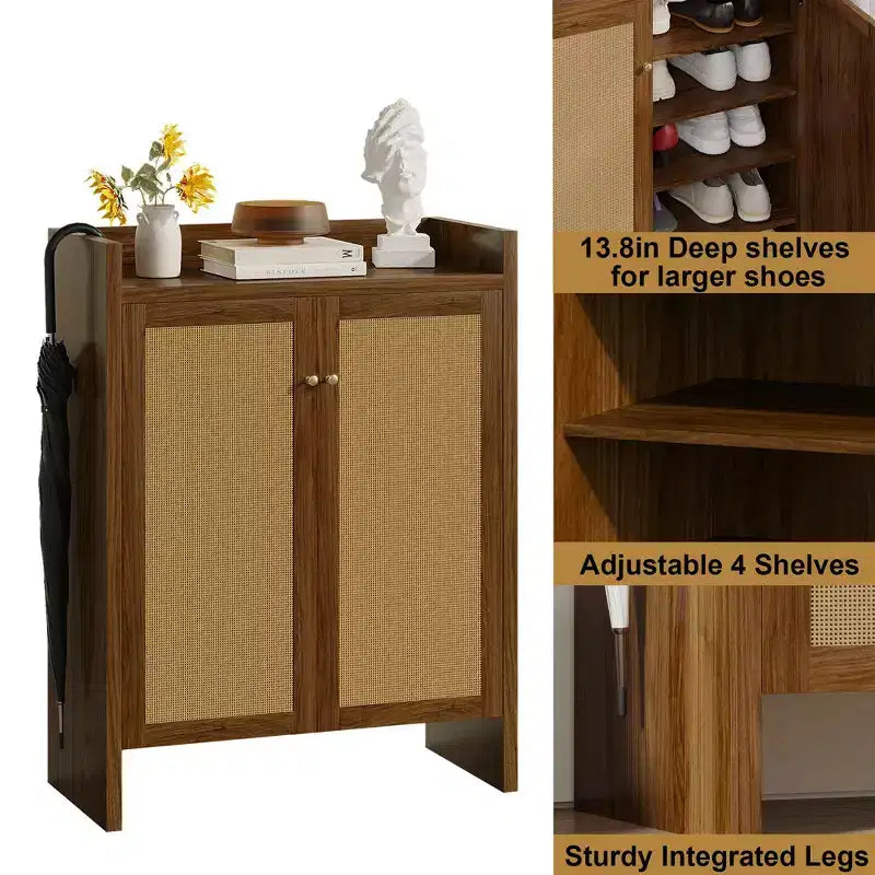 Mobile scarpiera alta 108 cm in rattan con ante, scarpiera organizer a 6 ripiani con ripiani regolabili, indipendente per ingresso, corridoio, noce
