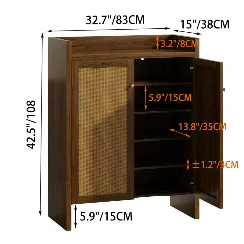 Mobile scarpiera alta 108 cm in rattan con ante, scarpiera organizer a 6 ripiani con ripiani regolabili, indipendente per ingresso, corridoio, noce