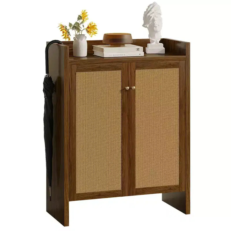 Mobile scarpiera alta 108 cm in rattan con ante, scarpiera organizer a 6 ripiani con ripiani regolabili, indipendente per ingresso, corridoio, noce