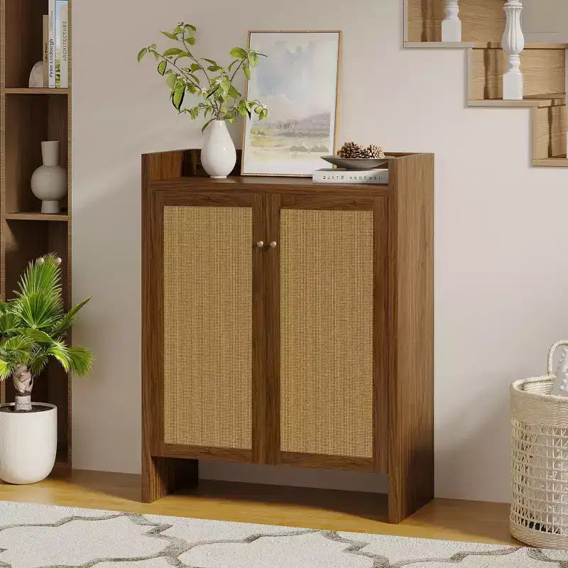 Mobile scarpiera alta 108 cm in rattan con ante, scarpiera organizer a 6 ripiani con ripiani regolabili, indipendente per ingresso, corridoio, noce