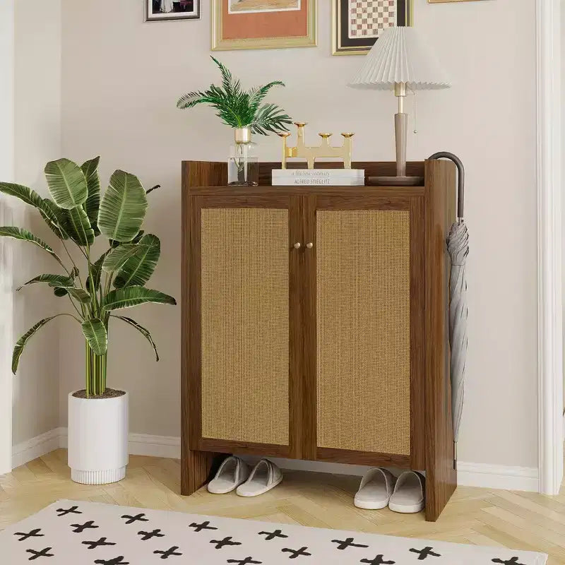 Mobile scarpiera alta 108 cm in rattan con ante, scarpiera organizer a 6 ripiani con ripiani regolabili, indipendente per ingresso, corridoio, noce