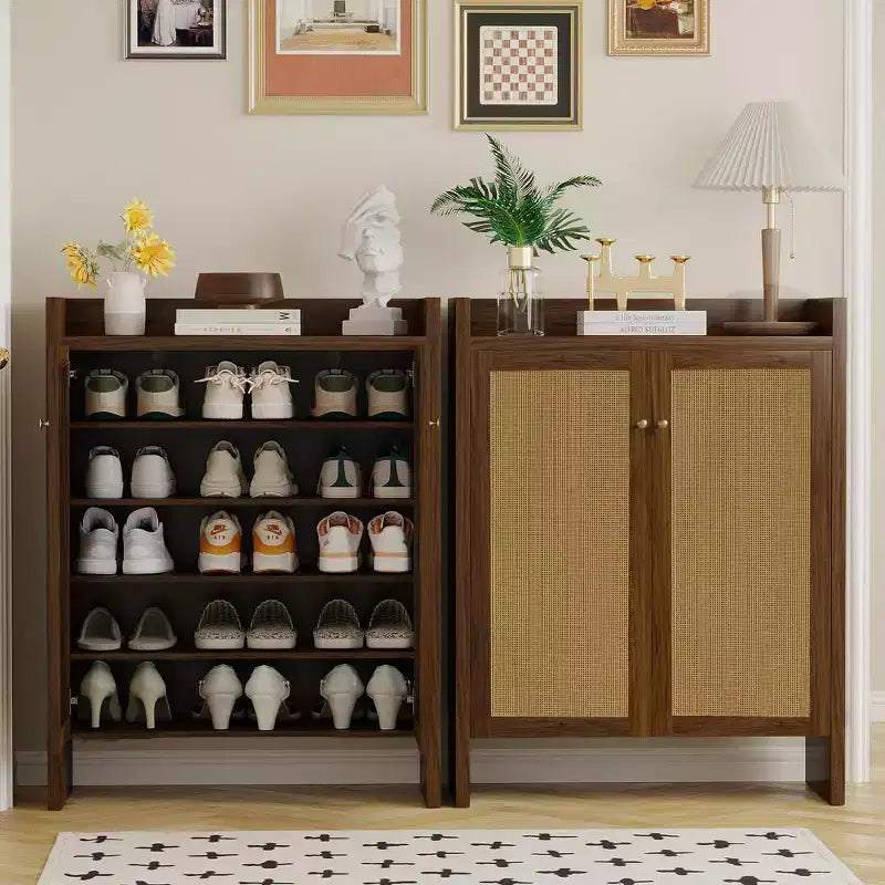 Mobile scarpiera alta 108 cm in rattan con ante, scarpiera organizer a 6 ripiani con ripiani regolabili, indipendente per ingresso, corridoio, noce