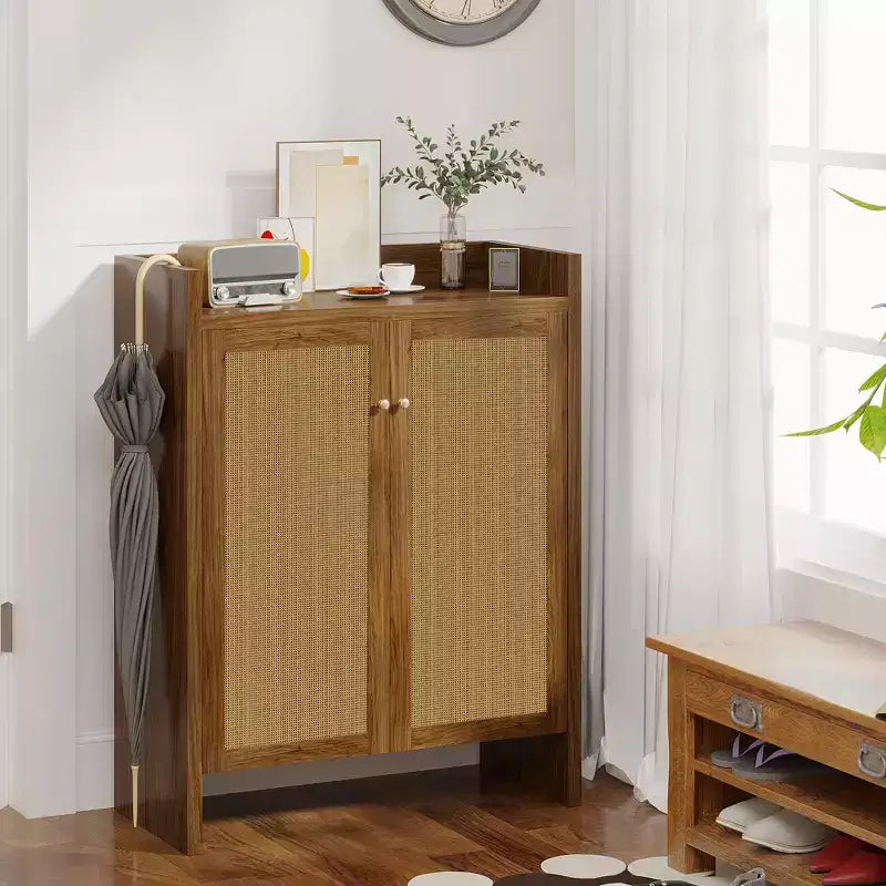 Mobile scarpiera alta 108 cm in rattan con ante, scarpiera organizer a 6 ripiani con ripiani regolabili, indipendente per ingresso, corridoio, noce