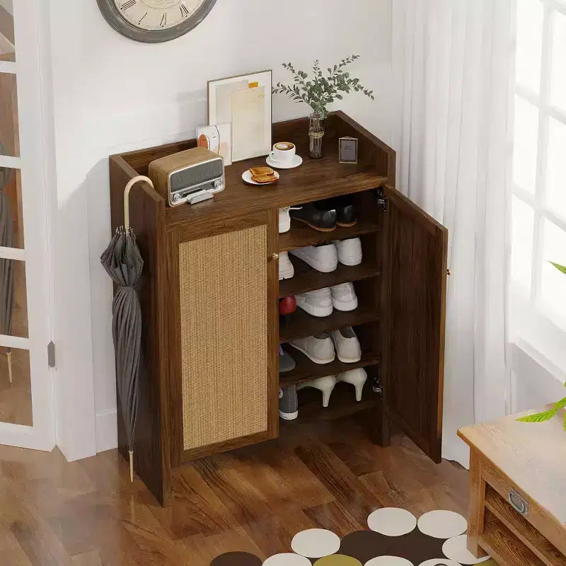 Mobile scarpiera alta 108 cm in rattan con ante, scarpiera organizer a 6 ripiani con ripiani regolabili, indipendente per ingresso, corridoio, noce
