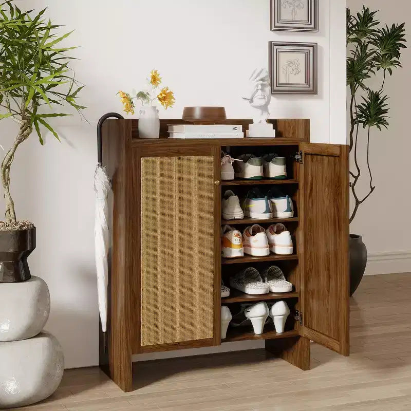 Mobile scarpiera alta 108 cm in rattan con ante, scarpiera organizer a 6 ripiani con ripiani regolabili, indipendente per ingresso, corridoio, noce