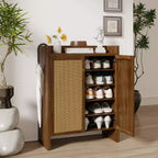Mobile scarpiera alta 108 cm in rattan con ante, scarpiera organizer a 6 ripiani con ripiani regolabili, indipendente per ingresso, corridoio, noce