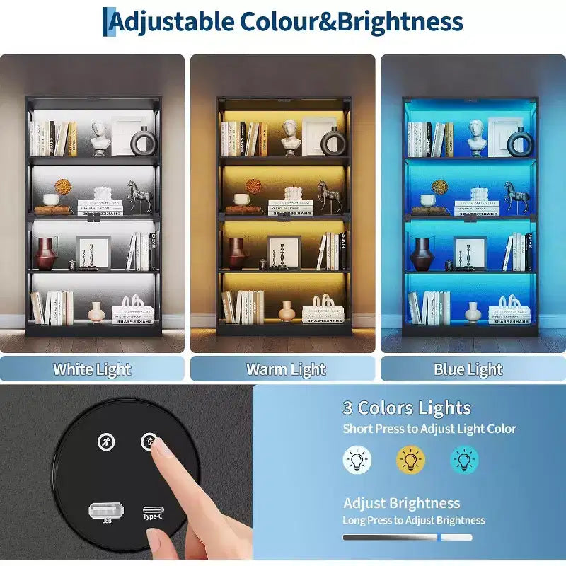 Vetrina in vetro a 4 ripiani con luci LED, teca espositiva con porte di ricarica e sensore di movimento, ripiani portaoggetti per oggetti da collezione