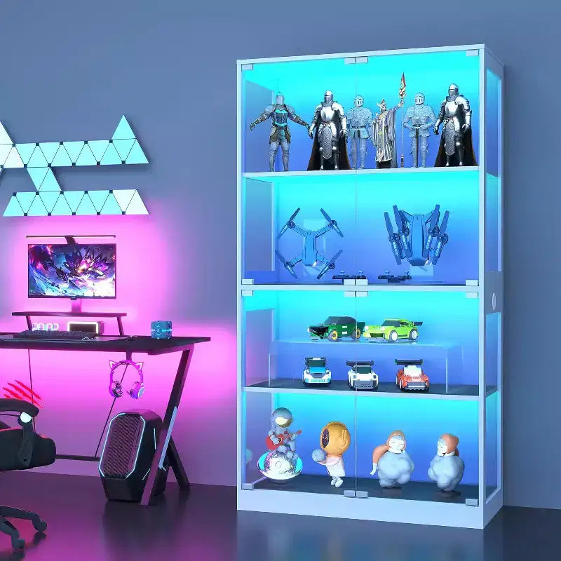 Vetrina in vetro a 4 ripiani con luci LED, teca espositiva con porte di ricarica e sensore di movimento, ripiani portaoggetti per oggetti da collezione