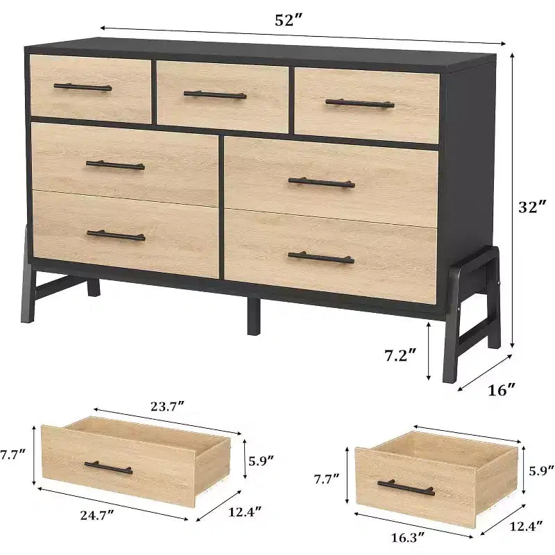 Mobile Contenitore da 52'' con 7 Cassetti, Credenza in Legno con Maniglie e Gambe in Metallo, Organizzatore Autoportante per Soggiorno, Camera da Letto, Ufficio