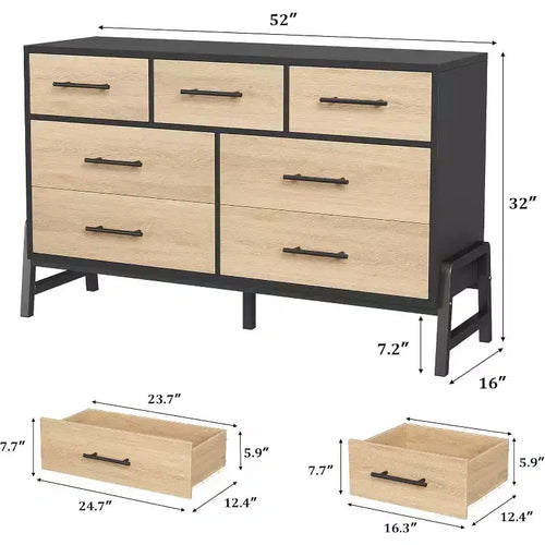Mobile Contenitore da 52'' con 7 Cassetti, Credenza in Legno con Maniglie e Gambe in Metallo, Organizzatore Autoportante per Soggiorno, Camera da Letto, Ufficio