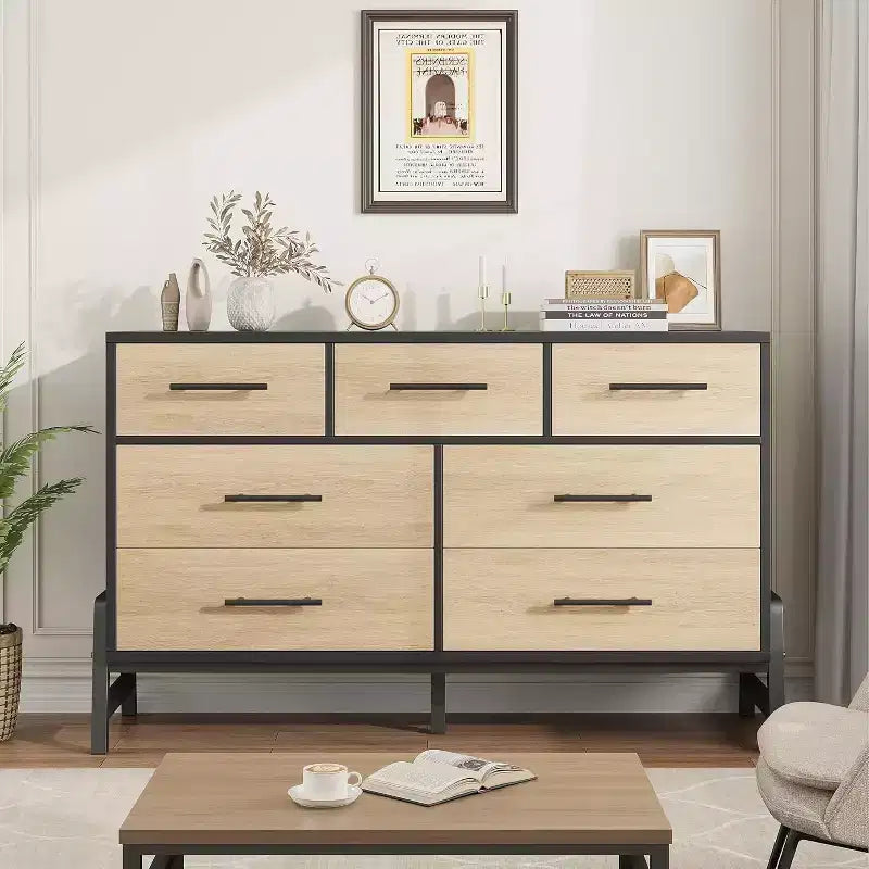 Mobile Contenitore da 52'' con 7 Cassetti, Credenza in Legno con Maniglie e Gambe in Metallo, Organizzatore Autoportante per Soggiorno, Camera da Letto, Ufficio