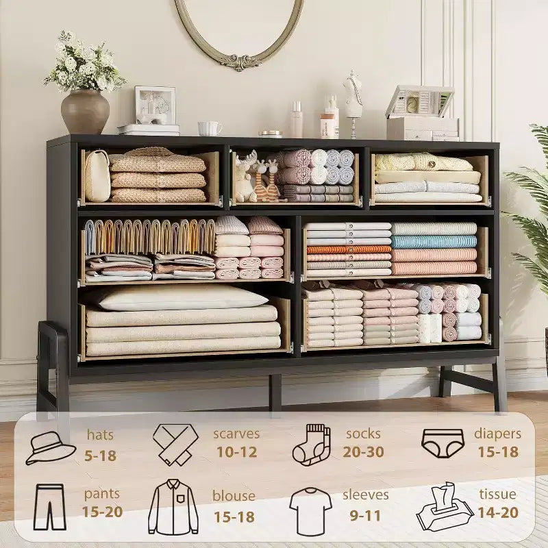 Mobile Contenitore da 52'' con 7 Cassetti, Credenza in Legno con Maniglie e Gambe in Metallo, Organizzatore Autoportante per Soggiorno, Camera da Letto, Ufficio