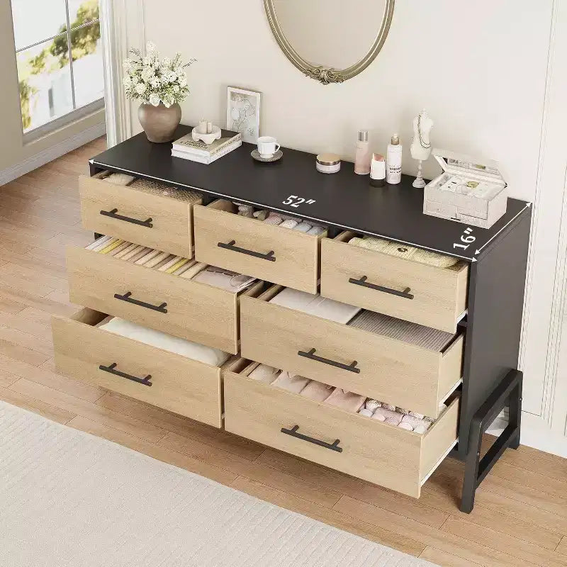Mobile Contenitore da 52'' con 7 Cassetti, Credenza in Legno con Maniglie e Gambe in Metallo, Organizzatore Autoportante per Soggiorno, Camera da Letto, Ufficio