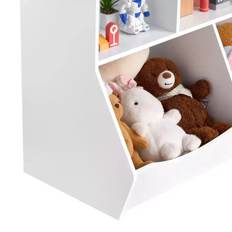 Mobiletto porta giocattoli con libreria per bambini, mobiletto organizer in legno a 5 scomparti per cameretta, sala giochi, asilo nido e scuola materna, bianco