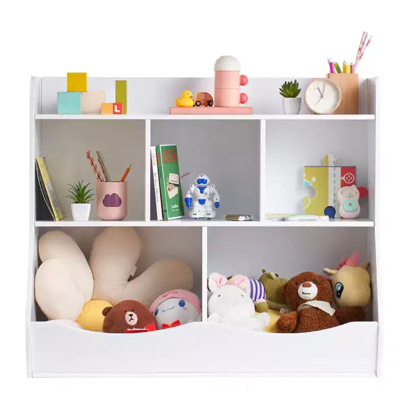 Mobiletto porta giocattoli con libreria per bambini, mobiletto organizer in legno a 5 scomparti per cameretta, sala giochi, asilo nido e scuola materna, bianco