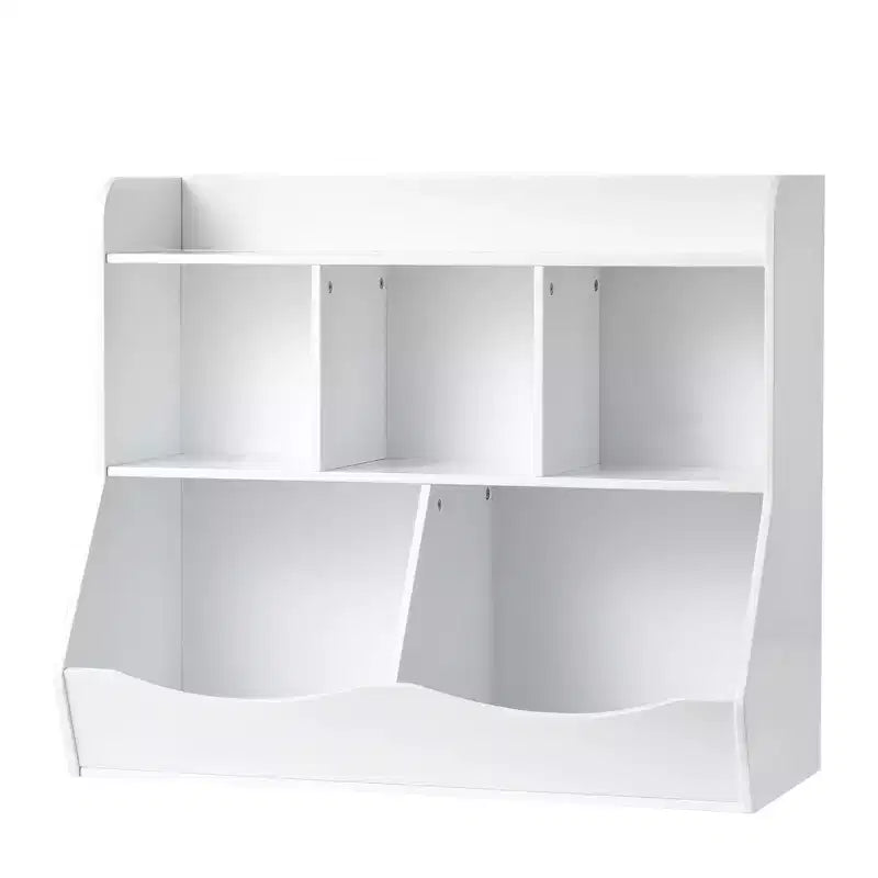 Mobiletto porta giocattoli con libreria per bambini, mobiletto organizer in legno a 5 scomparti per cameretta, sala giochi, asilo nido e scuola materna, bianco