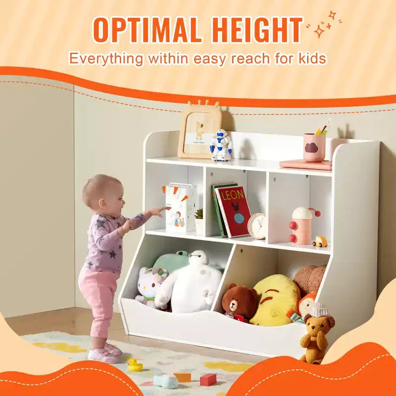 Mobiletto porta giocattoli con libreria per bambini, mobiletto organizer in legno a 5 scomparti per cameretta, sala giochi, asilo nido e scuola materna, bianco