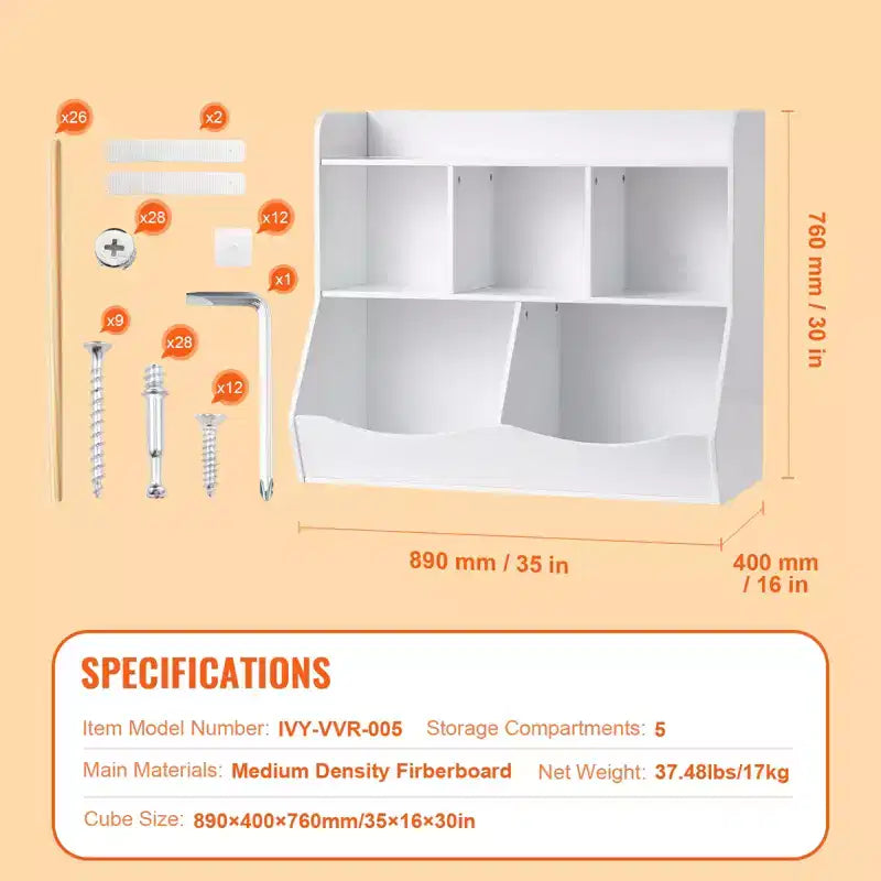 Mobiletto porta giocattoli con libreria per bambini, mobiletto organizer in legno a 5 scomparti per cameretta, sala giochi, asilo nido e scuola materna, bianco