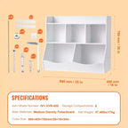 Mobiletto porta giocattoli con libreria per bambini, mobiletto organizer in legno a 5 scomparti per cameretta, sala giochi, asilo nido e scuola materna, bianco