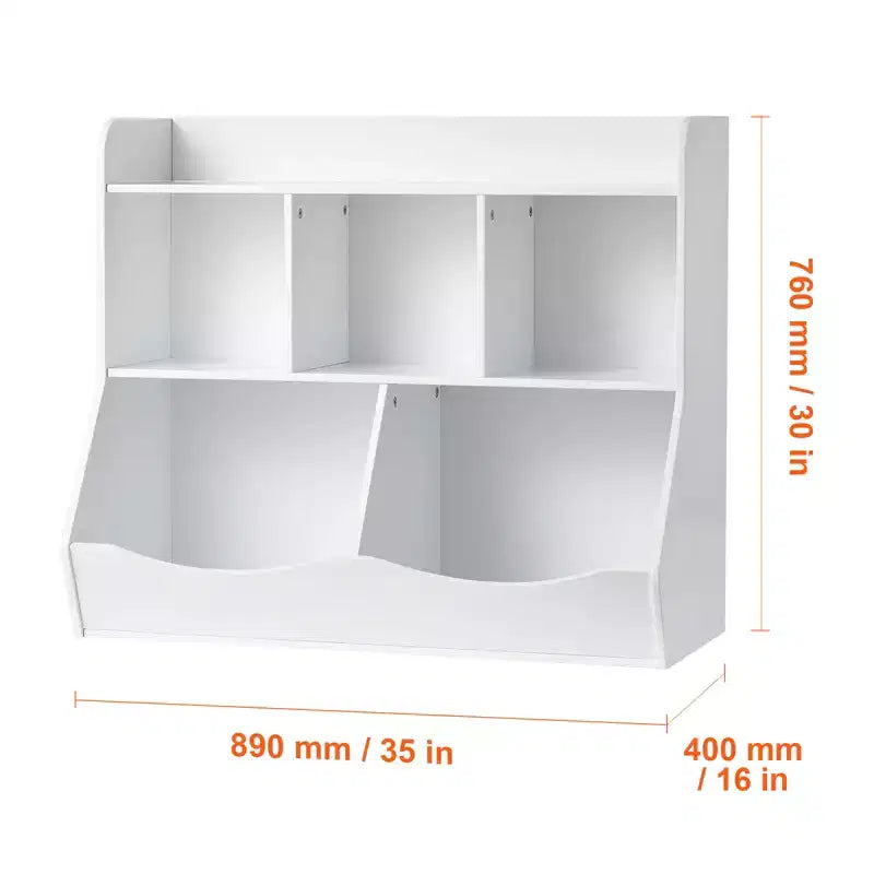 Mobiletto porta giocattoli con libreria per bambini, mobiletto organizer in legno a 5 scomparti per cameretta, sala giochi, asilo nido e scuola materna, bianco