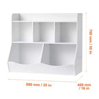 Mobiletto porta giocattoli con libreria per bambini, mobiletto organizer in legno a 5 scomparti per cameretta, sala giochi, asilo nido e scuola materna, bianco