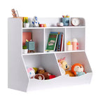 Mobiletto porta giocattoli con libreria per bambini, mobiletto organizer in legno a 5 scomparti per cameretta, sala giochi, asilo nido e scuola materna, bianco