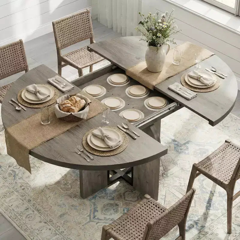 Tavolo da Pranzo Allungabile 47-63 per 4-8 Persone, Tavolo da Cucina Rotondo in Legno con Gamba più Larga, Tavolo da Pranzo Moderno Allungabile senza Sedie, Noce