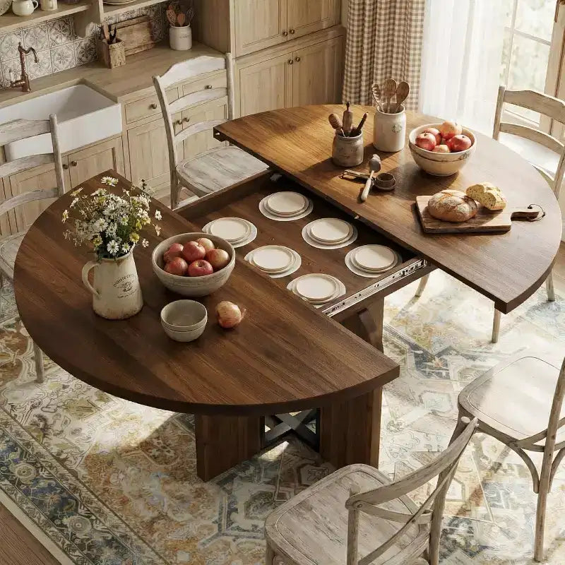 Tavolo da Pranzo Allungabile 47-63 per 4-8 Persone, Tavolo da Cucina Rotondo in Legno con Gamba più Larga, Tavolo da Pranzo Moderno Allungabile senza Sedie, Noce