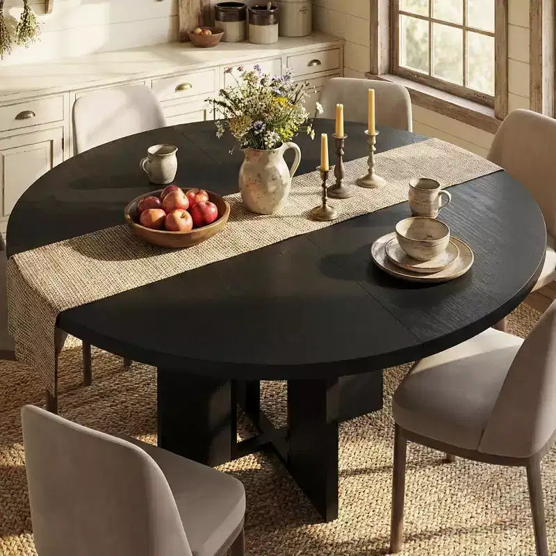 Tavolo da Pranzo Allungabile 47-63 per 4-8 Persone, Tavolo da Cucina Rotondo in Legno con Gamba più Larga, Tavolo da Pranzo Moderno Allungabile senza Sedie, Noce