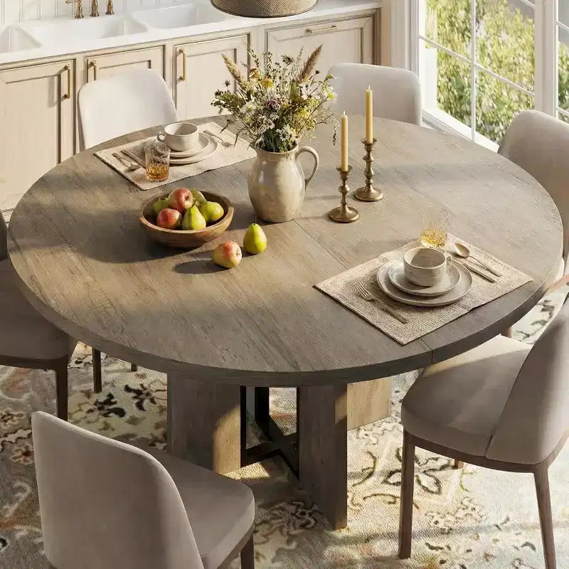 Tavolo da Pranzo Allungabile 47-63 per 4-8 Persone, Tavolo da Cucina Rotondo in Legno con Gamba più Larga, Tavolo da Pranzo Moderno Allungabile senza Sedie, Noce