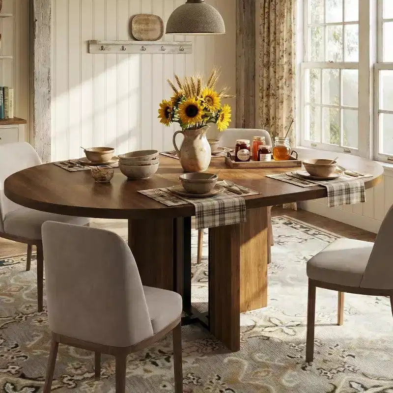 Tavolo da Pranzo Allungabile 47-63 per 4-8 Persone, Tavolo da Cucina Rotondo in Legno con Gamba più Larga, Tavolo da Pranzo Moderno Allungabile senza Sedie, Noce