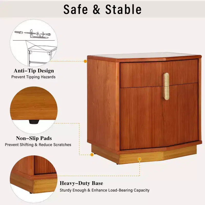Whisen Comodino, Tavolino da Notte, Tavolino con Design Bombato, Strisce Verticali, 2 Cassetti, Guide Silenziose, Dispositivo Anti-Ribaltamento, Base Robusta