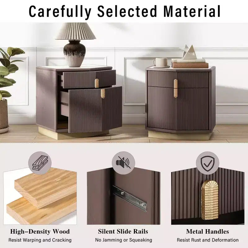 Whisen Comodino, Tavolino da Notte, Tavolino con Design Bombato, Strisce Verticali, 2 Cassetti, Guide Silenziose, Dispositivo Anti-Ribaltamento, Base Robusta