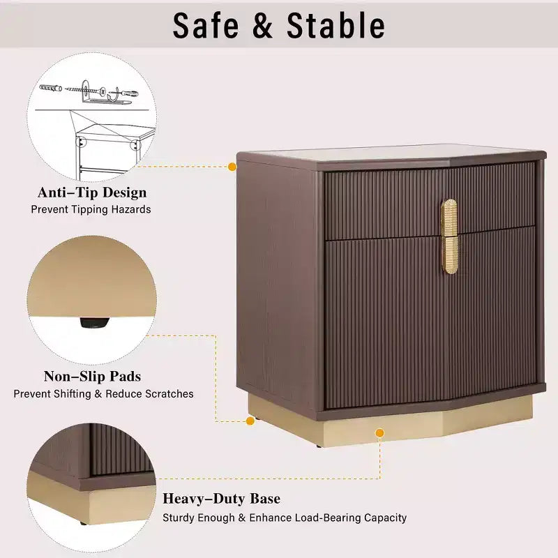 Whisen Comodino, Tavolino da Notte, Tavolino con Design Bombato, Strisce Verticali, 2 Cassetti, Guide Silenziose, Dispositivo Anti-Ribaltamento, Base Robusta