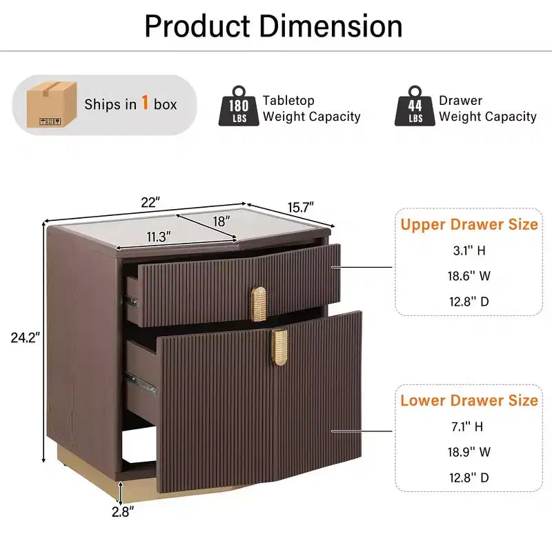 Whisen Comodino, Tavolino da Notte, Tavolino con Design Bombato, Strisce Verticali, 2 Cassetti, Guide Silenziose, Dispositivo Anti-Ribaltamento, Base Robusta