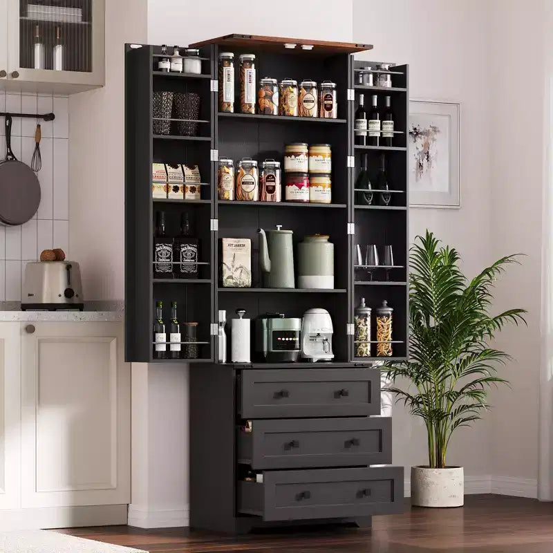 Dispensa alta da cucina da 183 cm, armadio contenitore grande indipendente con 3 cassetti e ripiani regolabili, organizer da fattoria per soggiorno e cucina