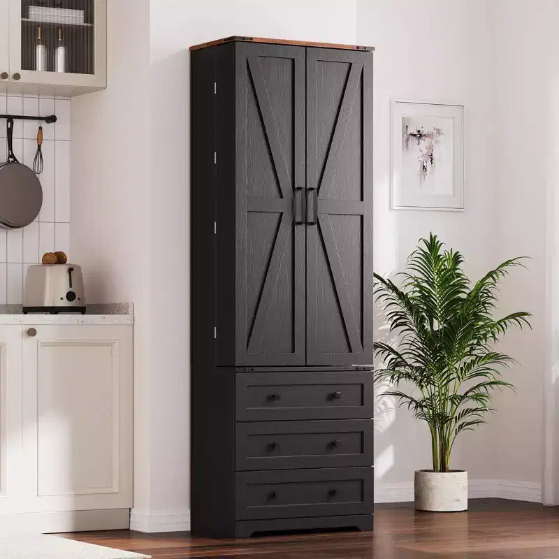Dispensa alta da cucina da 183 cm, armadio contenitore grande indipendente con 3 cassetti e ripiani regolabili, organizer da fattoria per soggiorno e cucina