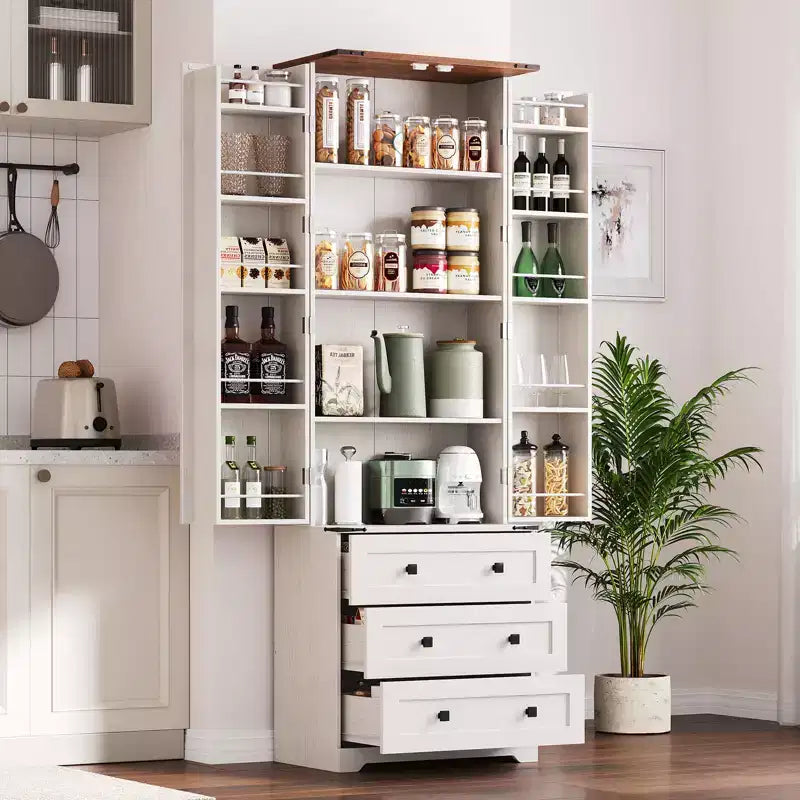 Dispensa alta da cucina da 183 cm, armadio contenitore grande indipendente con 3 cassetti e ripiani regolabili, organizer da fattoria per soggiorno e cucina