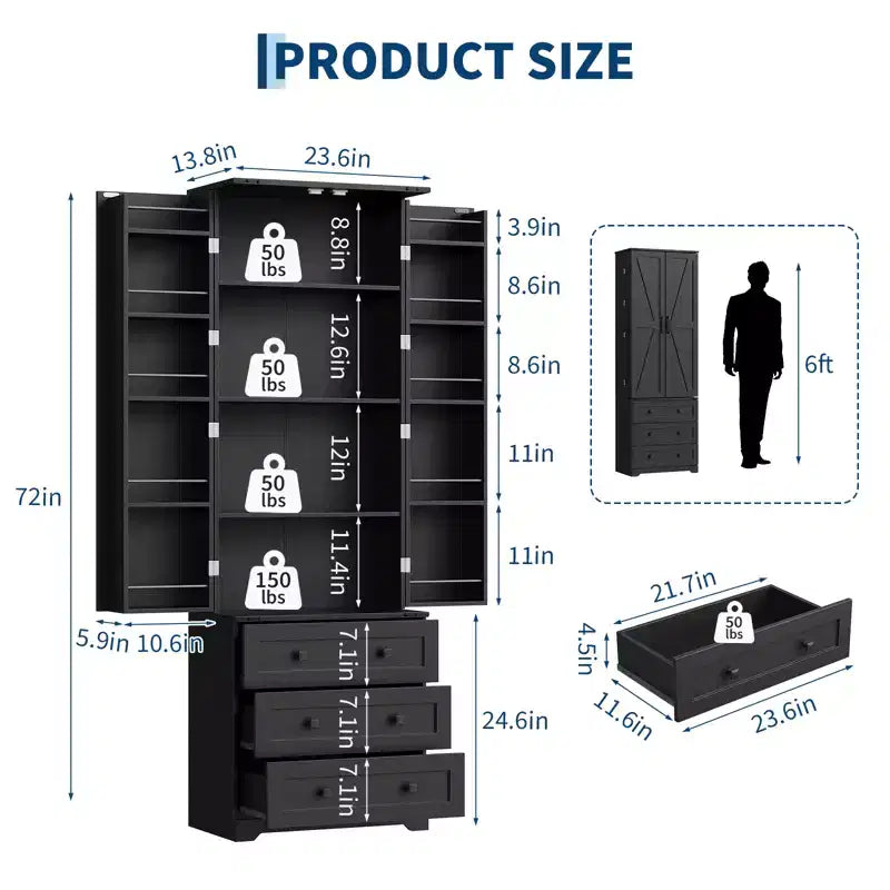 Dispensa alta da cucina da 183 cm, armadio contenitore grande indipendente con 3 cassetti e ripiani regolabili, organizer da fattoria per soggiorno e cucina