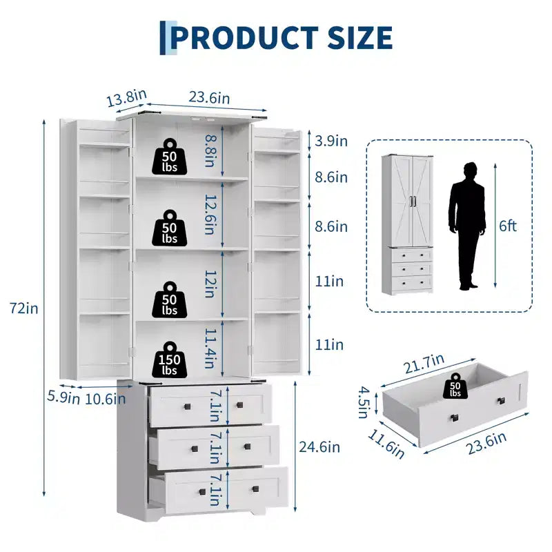 Dispensa alta da cucina da 183 cm, armadio contenitore grande indipendente con 3 cassetti e ripiani regolabili, organizer da fattoria per soggiorno e cucina