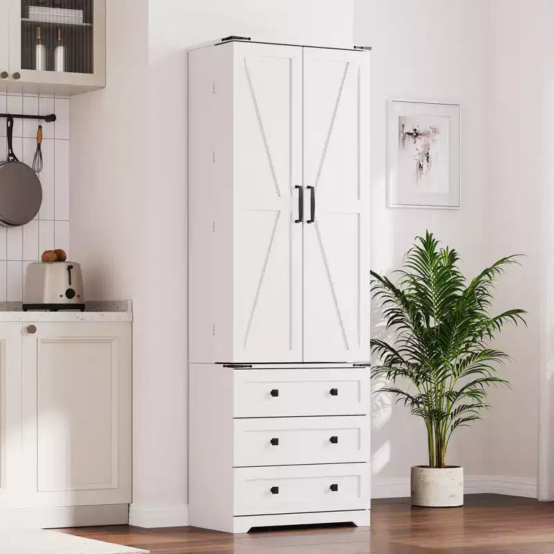 Dispensa alta da cucina da 183 cm, armadio contenitore grande indipendente con 3 cassetti e ripiani regolabili, organizer da fattoria per soggiorno e cucina