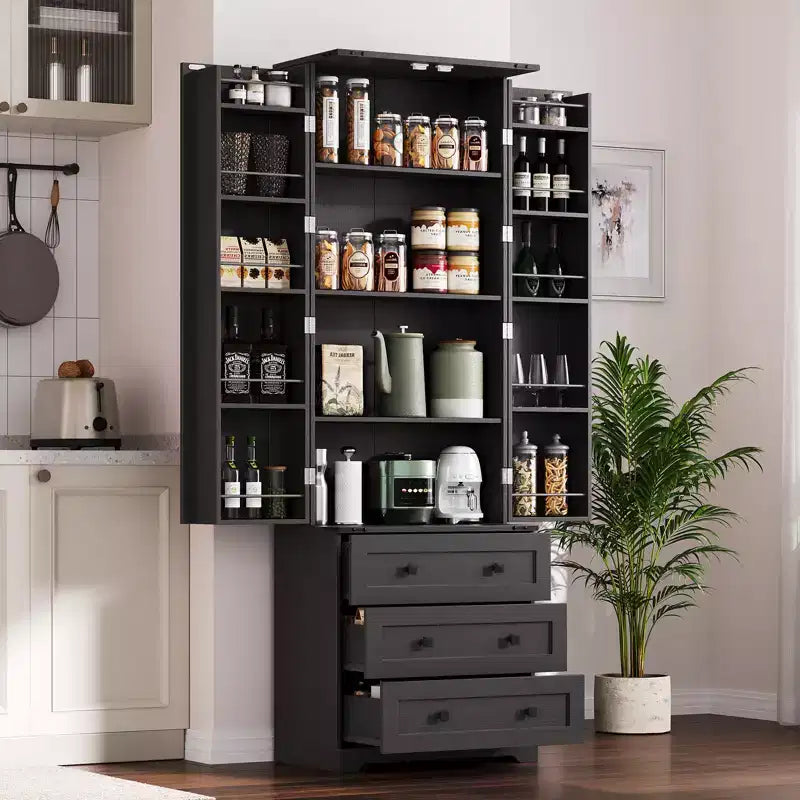 Dispensa alta da cucina da 183 cm, armadio contenitore grande indipendente con 3 cassetti e ripiani regolabili, organizer da fattoria per soggiorno e cucina